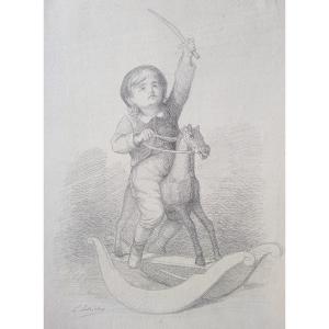 Lobrichon - Large 19th Century Drawing - The Rocking Horse