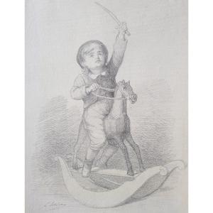 Lobrichon - Large 19th Century Drawing - The Rocking Horse