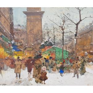 Galien Laloue - Gouache - Snowy Boulevard, Paris 