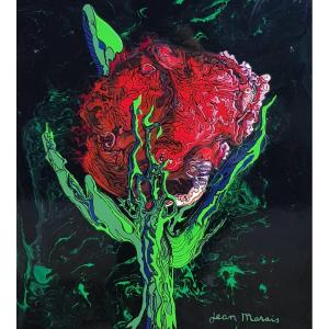 Jean Marais - Stylized Rose - Rare Signed Painting 