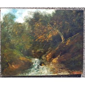 COURBET - Huile sur toile c.1870 - Cascade en forêt