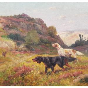 Eugène PETIT - Huile sur toile XIXè - Chiens de chasse à l'arrêt