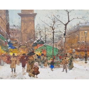 Galien Laloue - Gouache - Snowy Boulevard, Paris