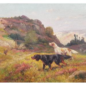 Eugène PETIT - Huile sur toile XIXè - Chiens de chasse