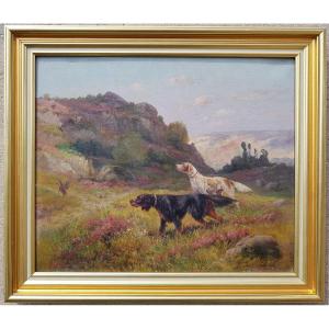 Eugene Petit - Oil On Canvas - Pointing Hunting Dogs