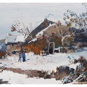 Galien Laloue - Gouache - Village Under The Snow