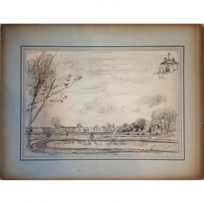 DAUBIGNY - TRES RARE DESSIN - CHATEAU CHANTILLY