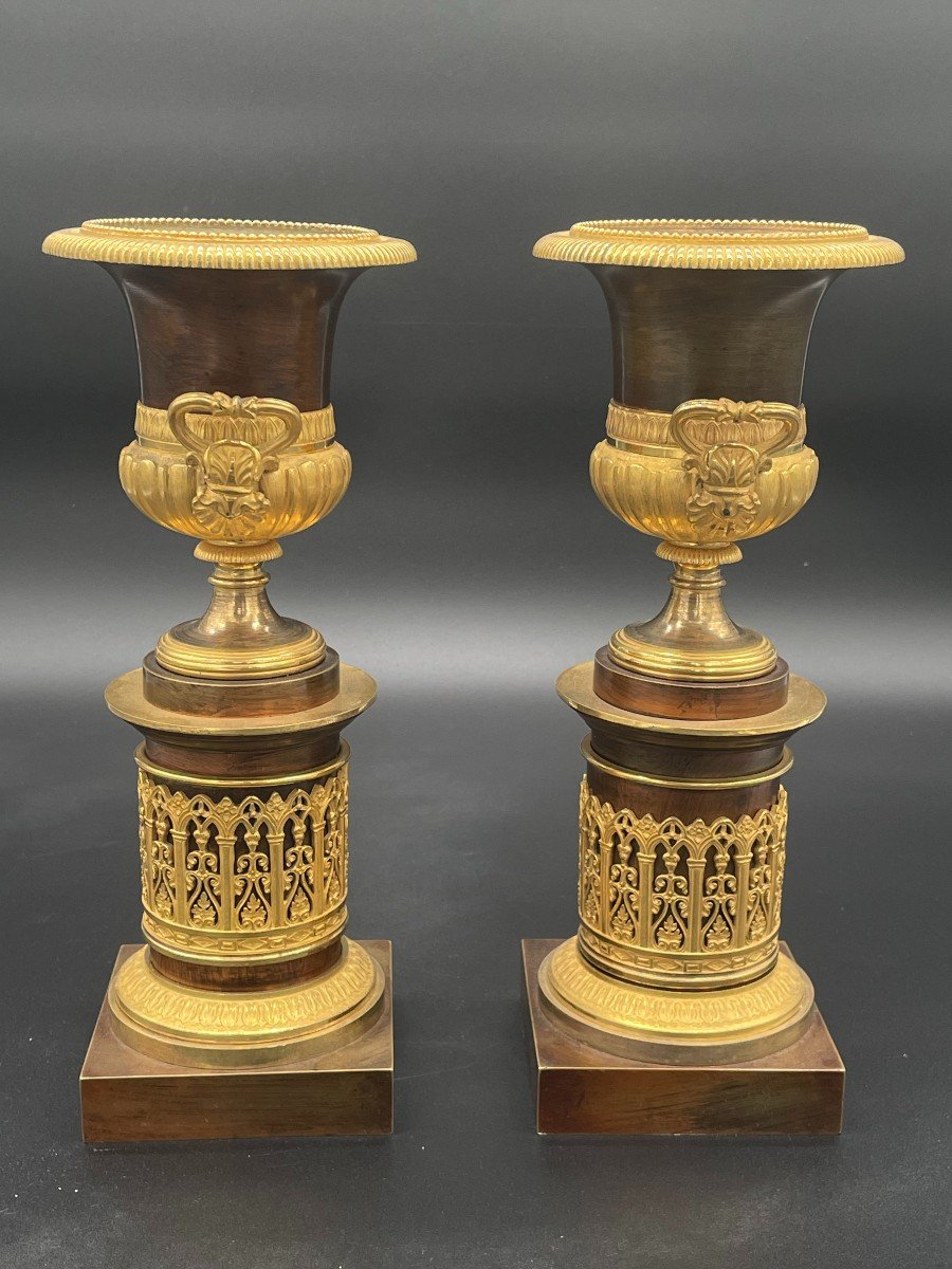 Pair Of Charles X Cassolettes In Patinated Bronze And Gilded With Gold-photo-4