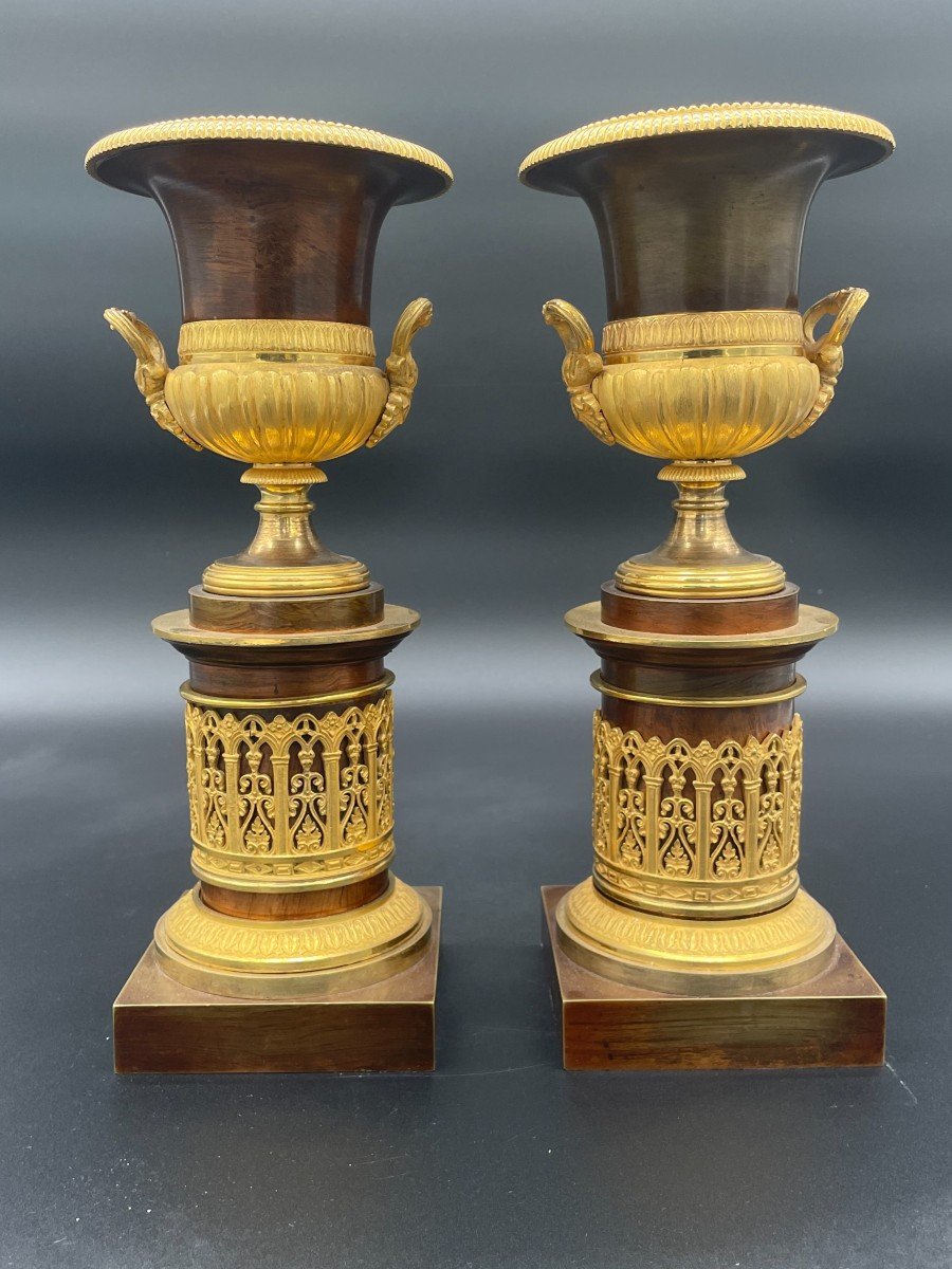 Pair Of Charles X Cassolettes In Patinated Bronze And Gilded With Gold