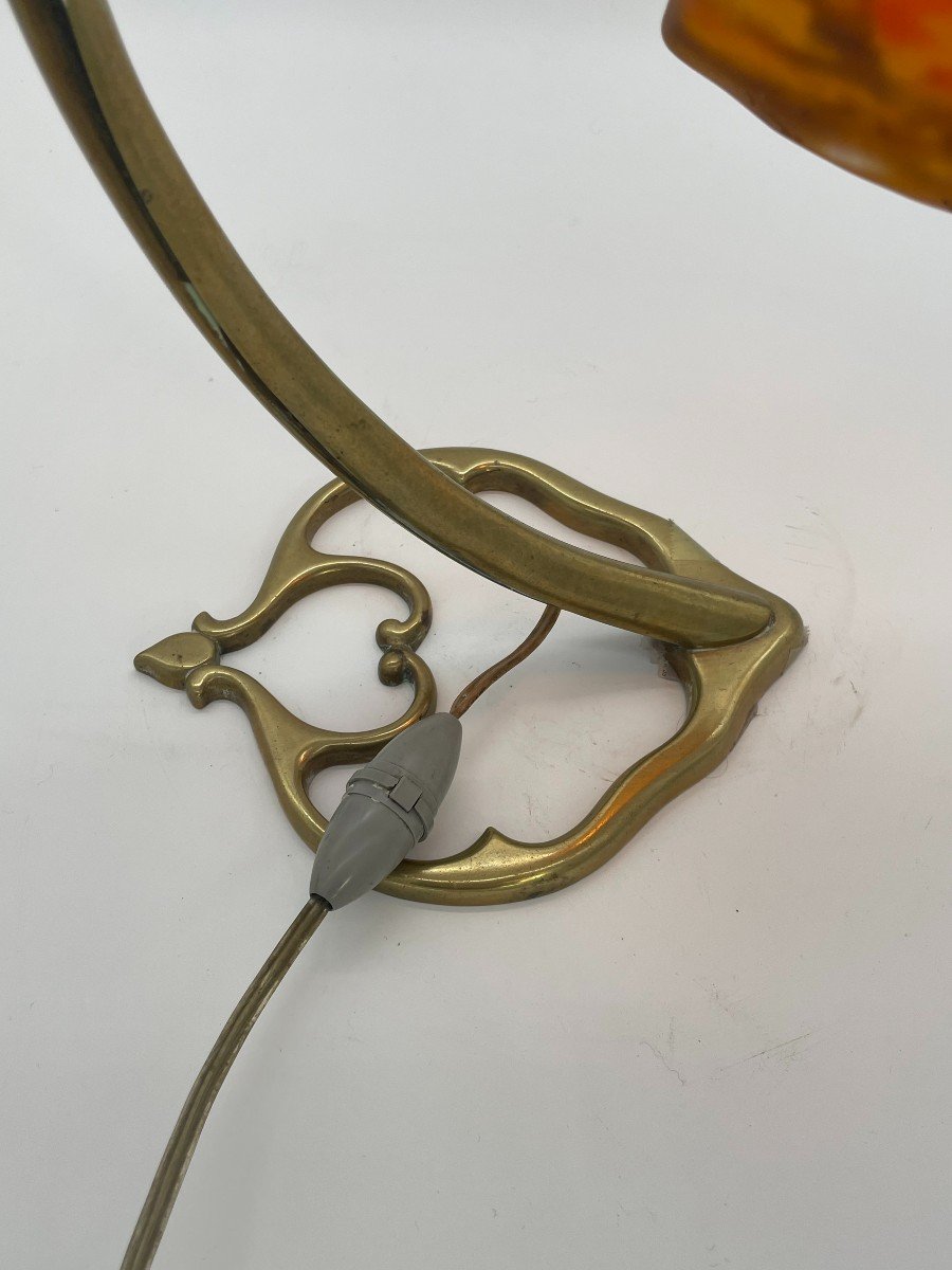 Lampe De Bureau à Poser Art Nouveau En Bronze Et  Pâte De Verre Signé Muller Frères -photo-2