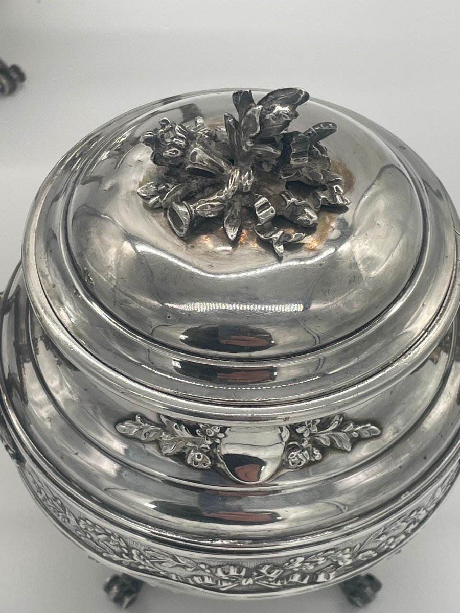 Three Piece Tea Service In 950 Thousandths Silver, With 19th Century Chiseled Decor-photo-2