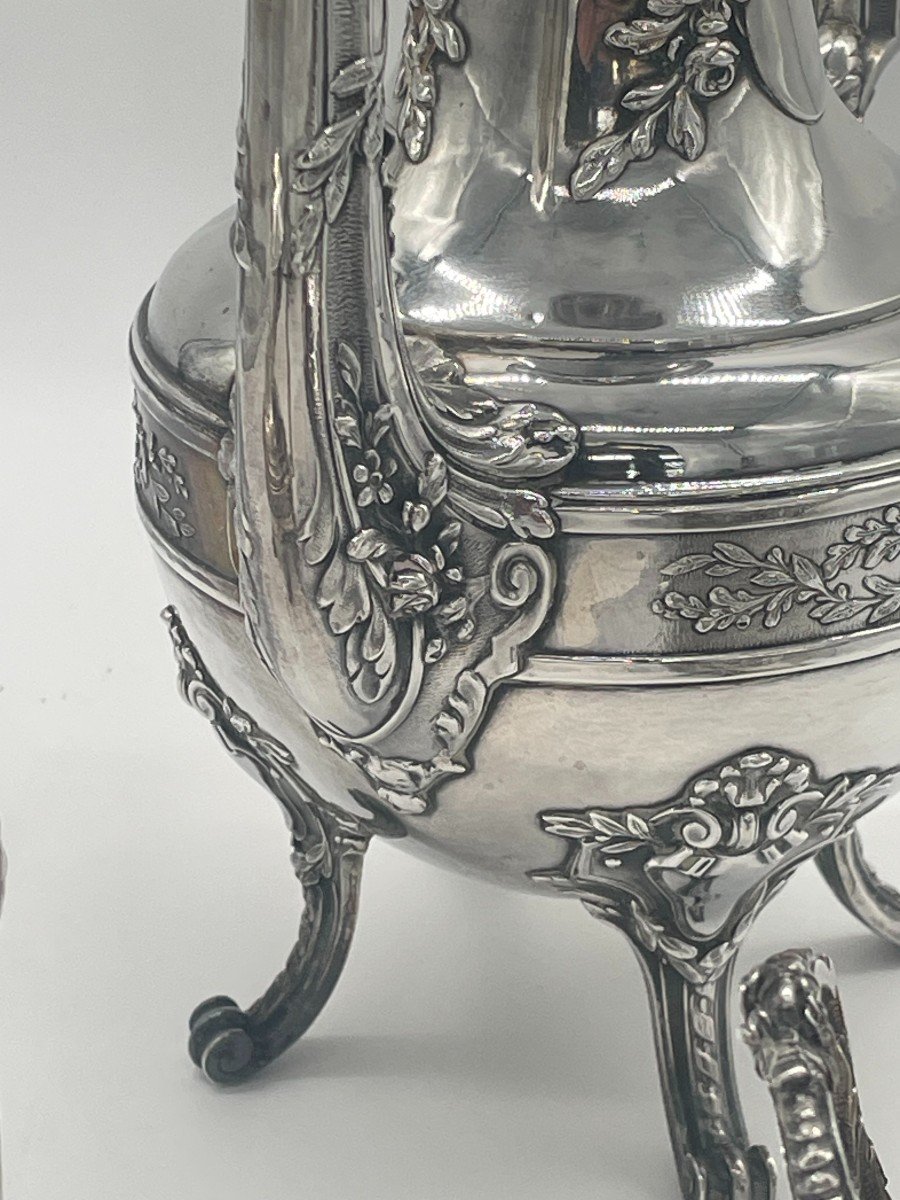 Three Piece Tea Service In 950 Thousandths Silver, With 19th Century Chiseled Decor-photo-3