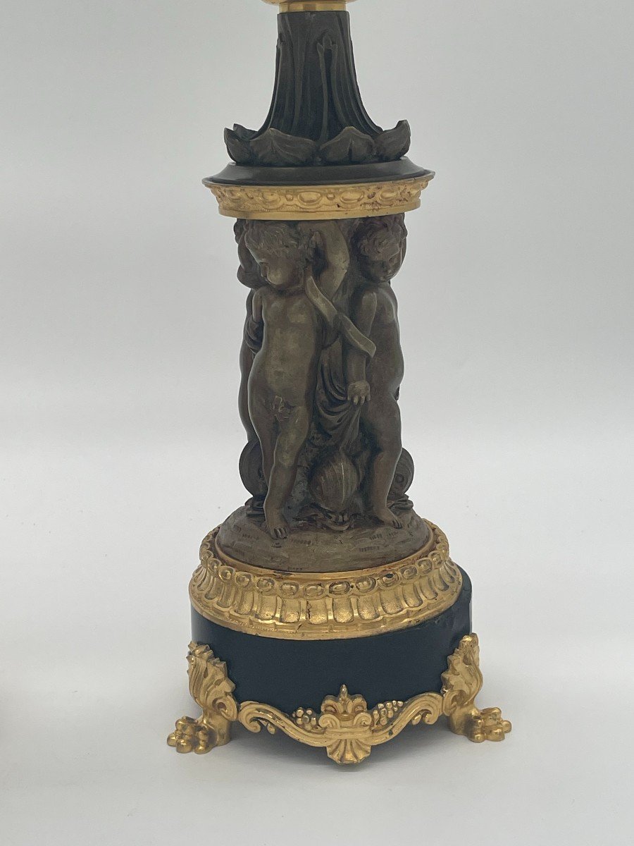  Paire De Cassolettes En Bronze Doré Et Patine Médaille  à Décor De Puttis d'époque Napoléon -photo-2