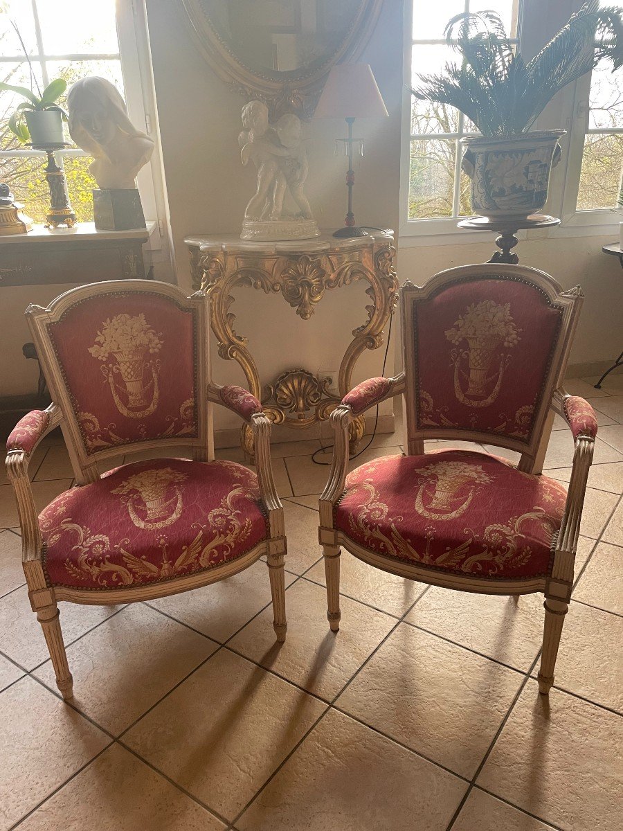 Pair Of Louis XVI Style Armchairs In Painted Wood From The End Of The 19th Century-photo-2