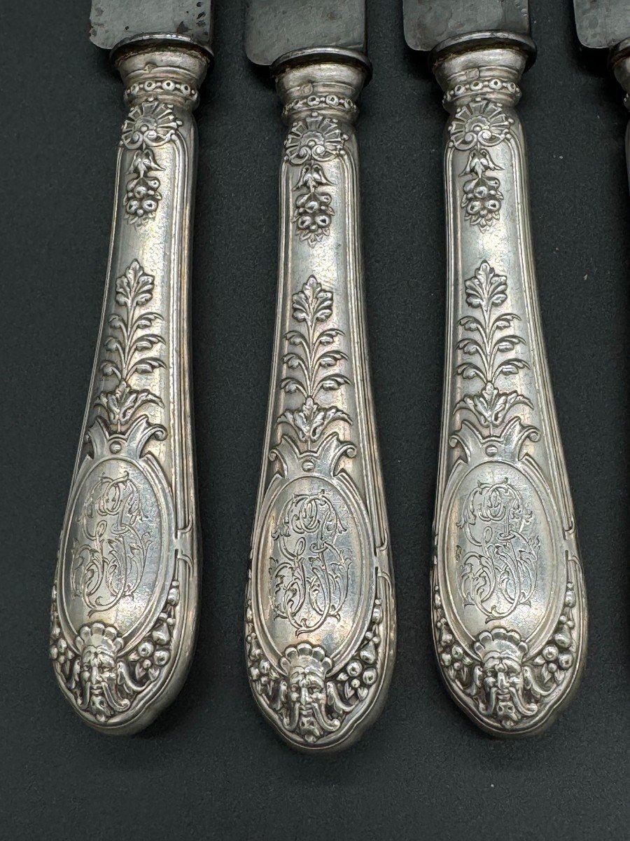 Odiot: 6 Sterling Silver Handle Knives, 19th Century Steel Blade-photo-3