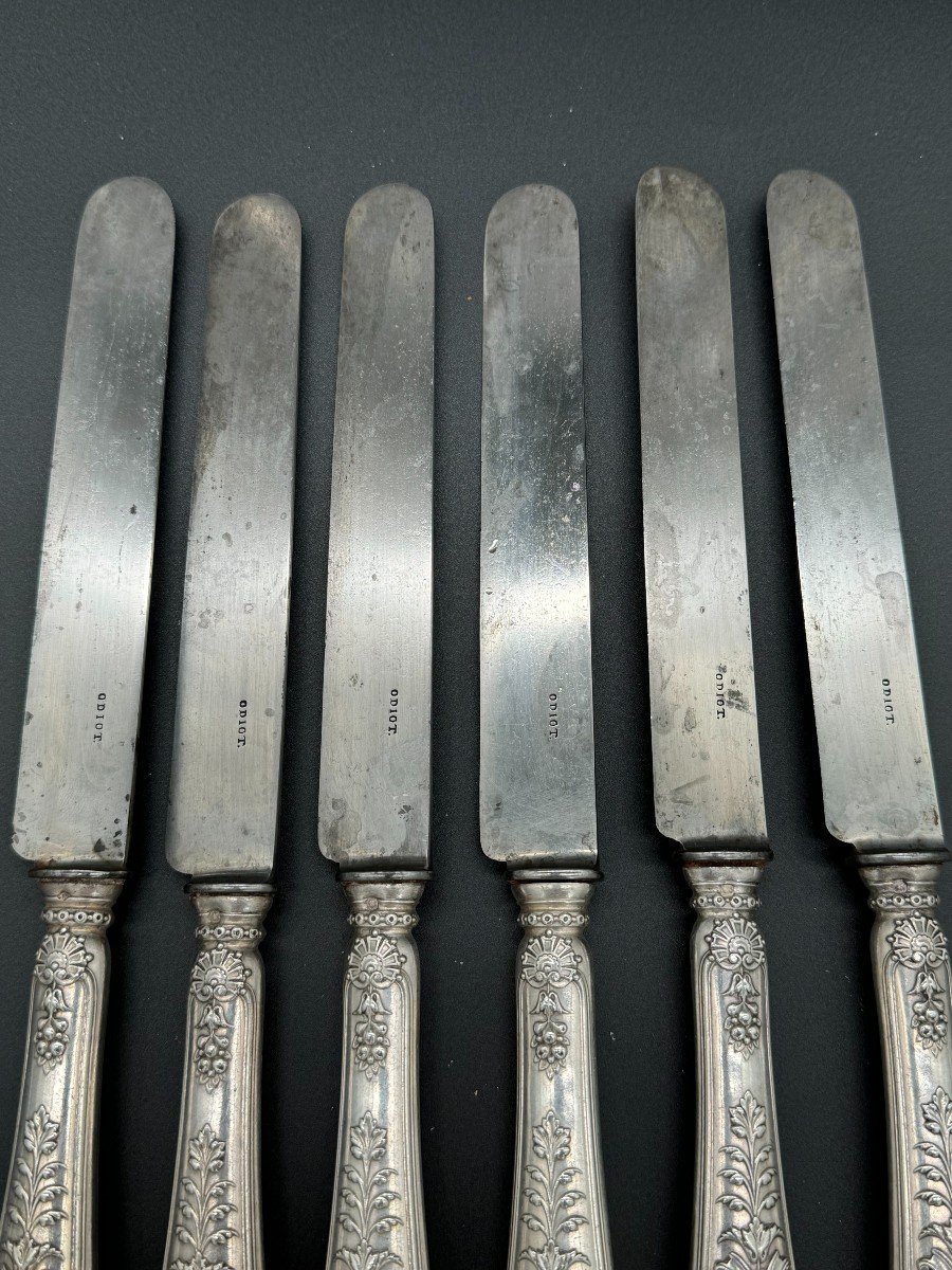 Odiot: 6 Sterling Silver Handle Knives, 19th Century Steel Blade-photo-4