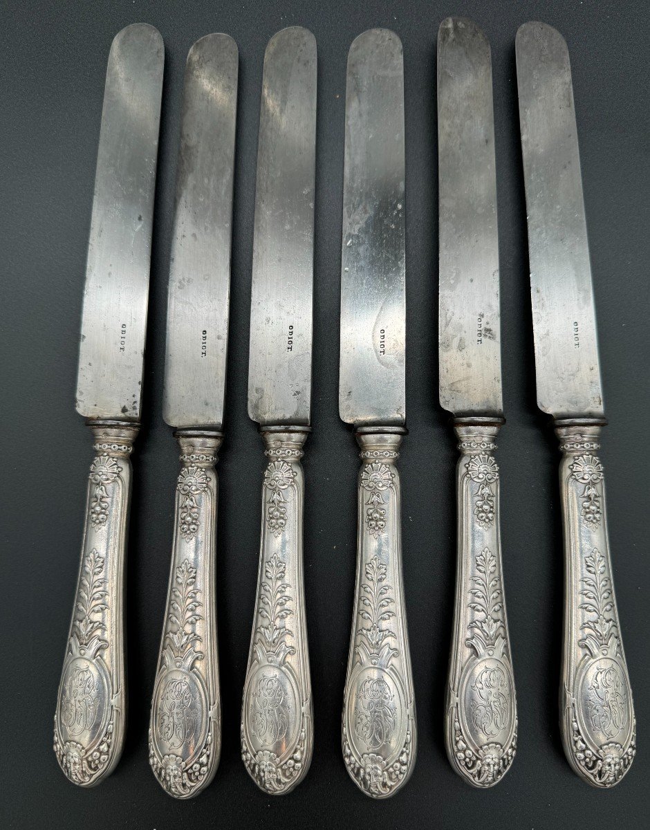 Odiot: 6 Sterling Silver Handle Knives, 19th Century Steel Blade