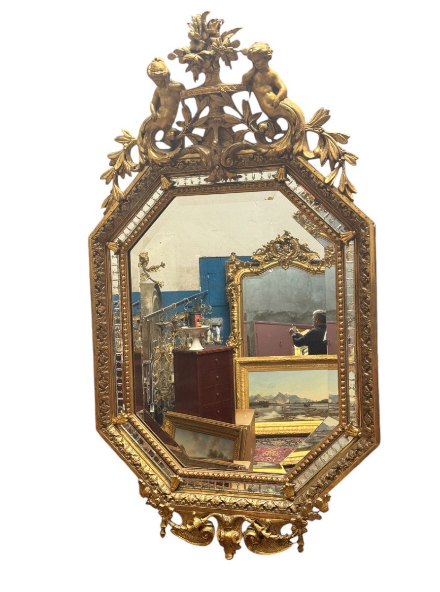 Octagonal Mirror In Gilded Stucco From The Napoleon III Period, 19th Century-photo-2