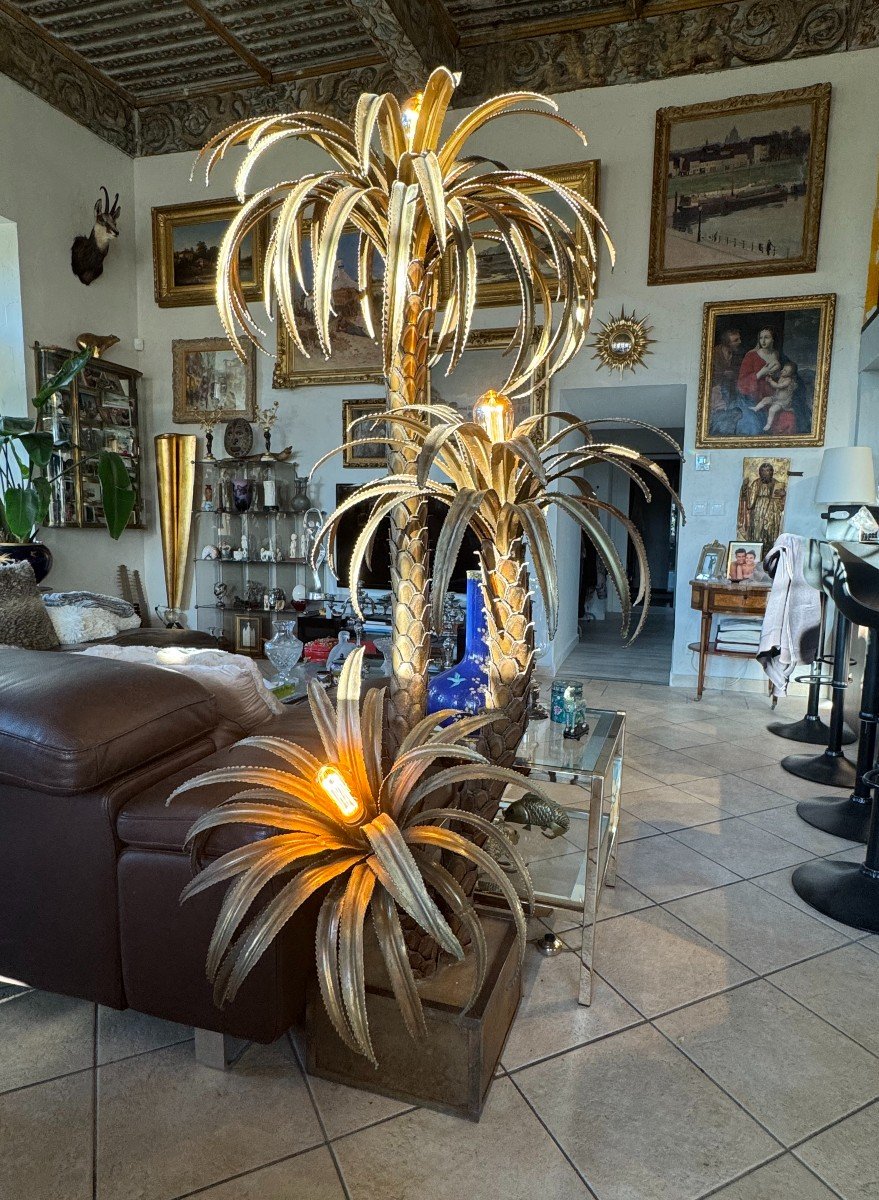 3 Palm Tree Floor Lamp By Barbier, Maison Jansen In Brass Circa 1970-photo-2