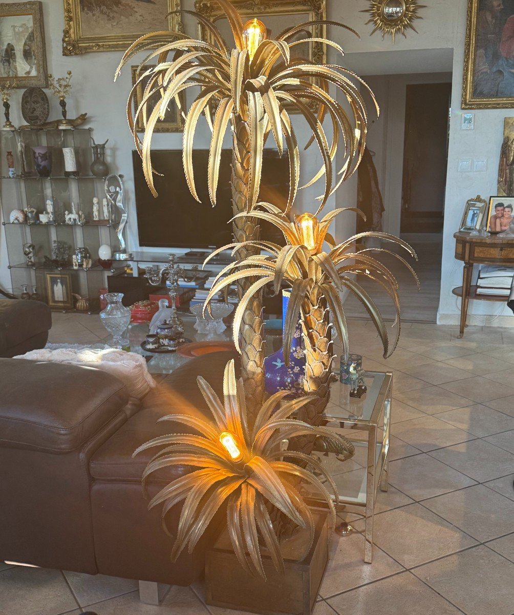 3 Palm Tree Floor Lamp By Barbier, Maison Jansen In Brass Circa 1970-photo-1