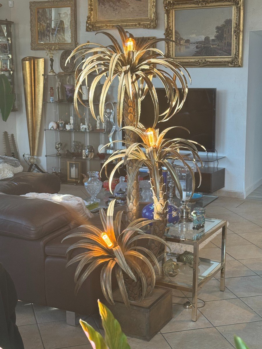 3 Palm Tree Floor Lamp By Barbier, Maison Jansen In Brass Circa 1970-photo-3