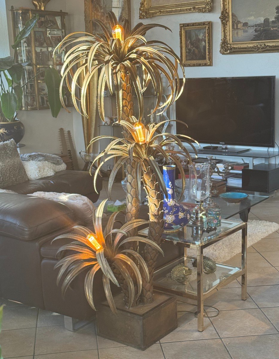 3 Palm Tree Floor Lamp By Barbier, Maison Jansen In Brass Circa 1970