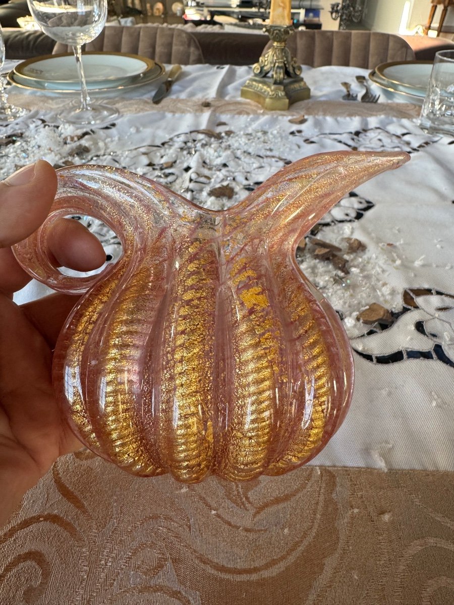 Barovier Et Toso  Murano Pichet à Anse En Verre Soufflé Rosé à Inclusion De Paillon d'Or.-photo-2