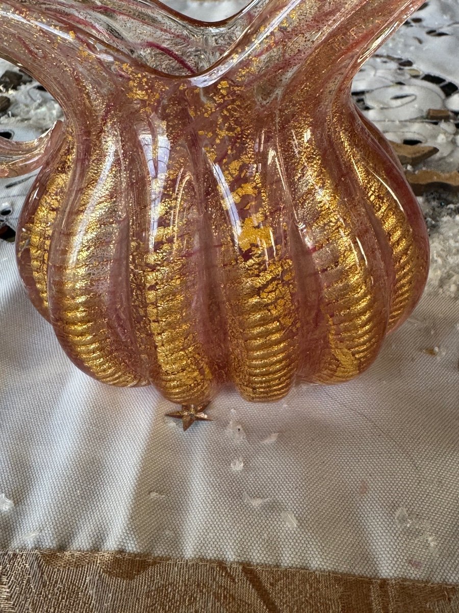 Barovier Et Toso  Murano Pichet à Anse En Verre Soufflé Rosé à Inclusion De Paillon d'Or.-photo-5