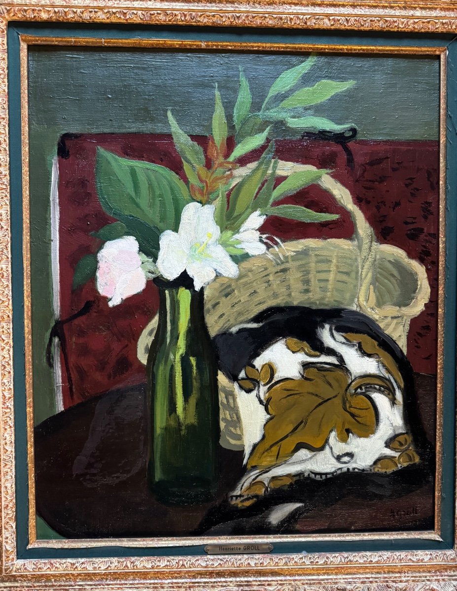 Tableau D’henriette Gröll (1906-1996) Bouquet De Fleurs Au Panier-photo-2