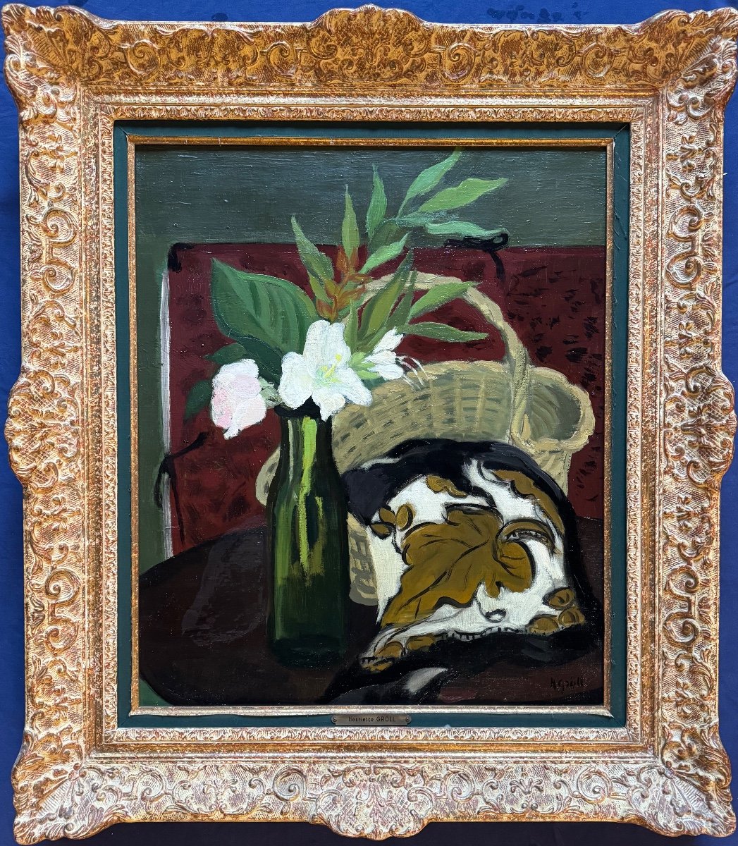 Tableau D’henriette Gröll (1906-1996) Bouquet De Fleurs Au Panier