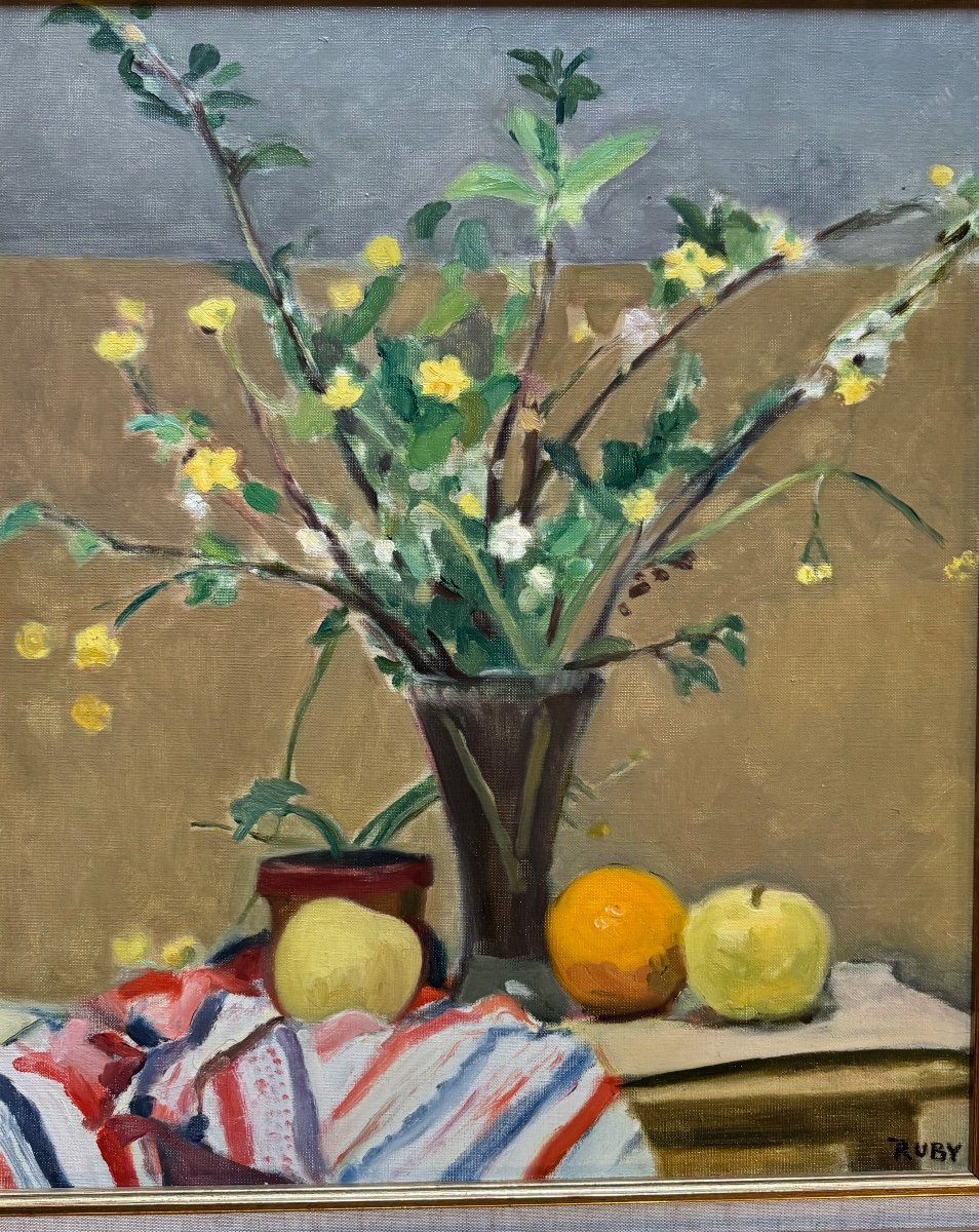 Tableau De René Ruby (1908-1983) Bouquet De Fleurs Aux Fruits-photo-2