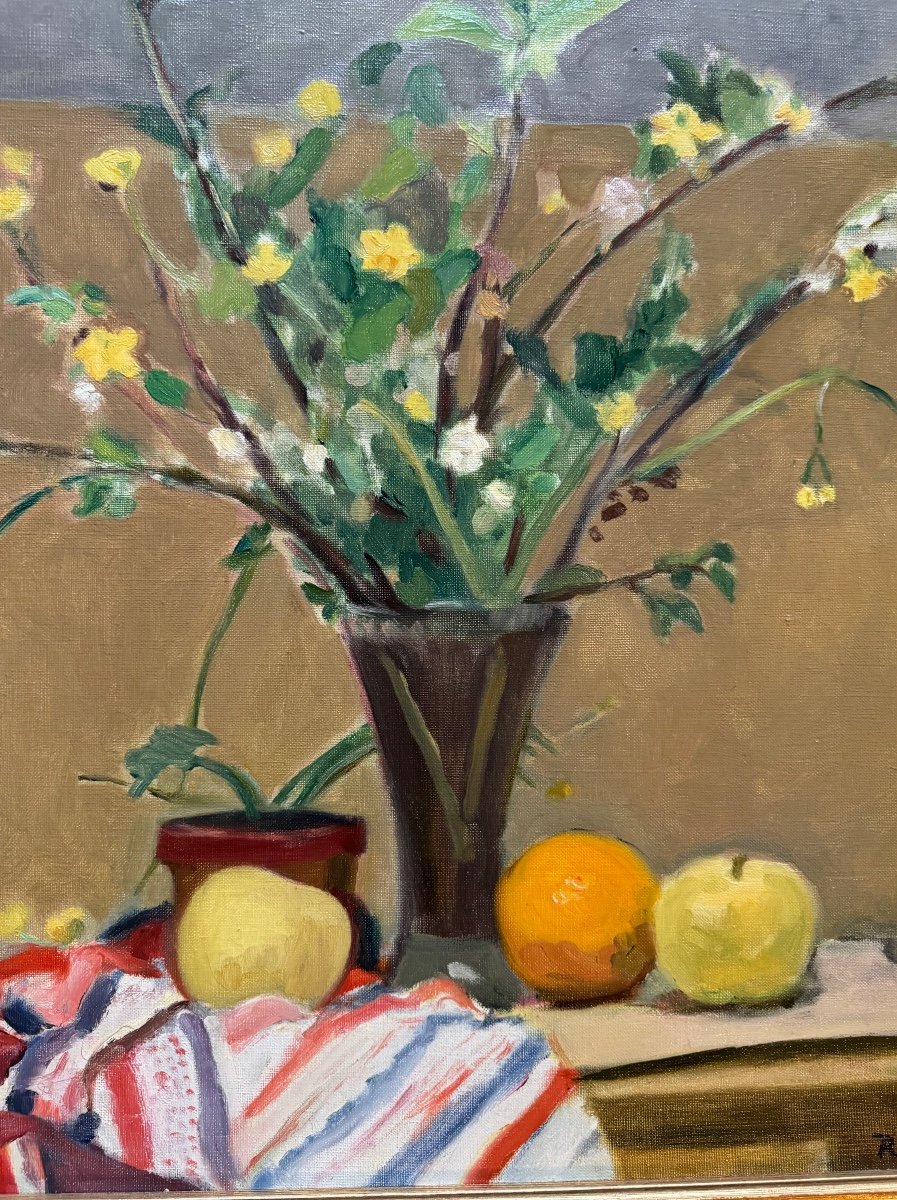 Tableau De René Ruby (1908-1983) Bouquet De Fleurs Aux Fruits-photo-3