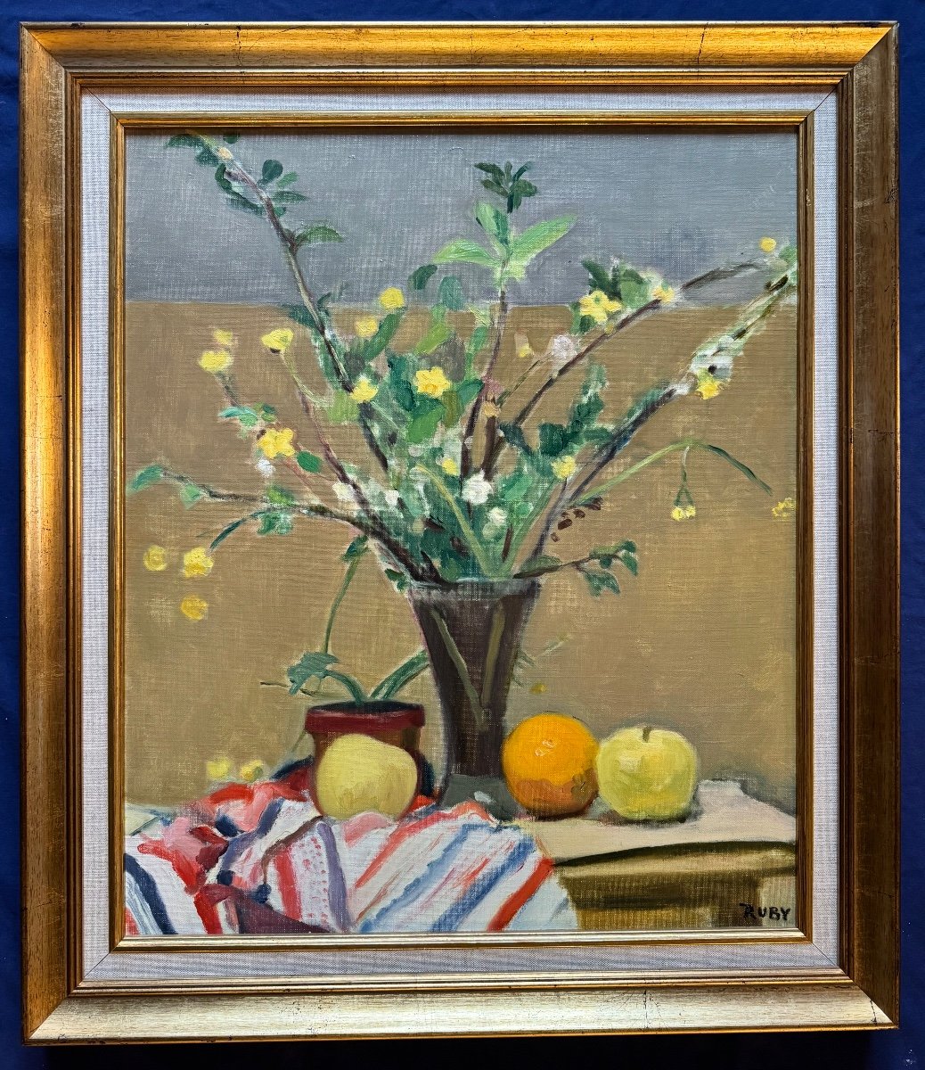 Tableau De René Ruby (1908-1983) Bouquet De Fleurs Aux Fruits-photo-1