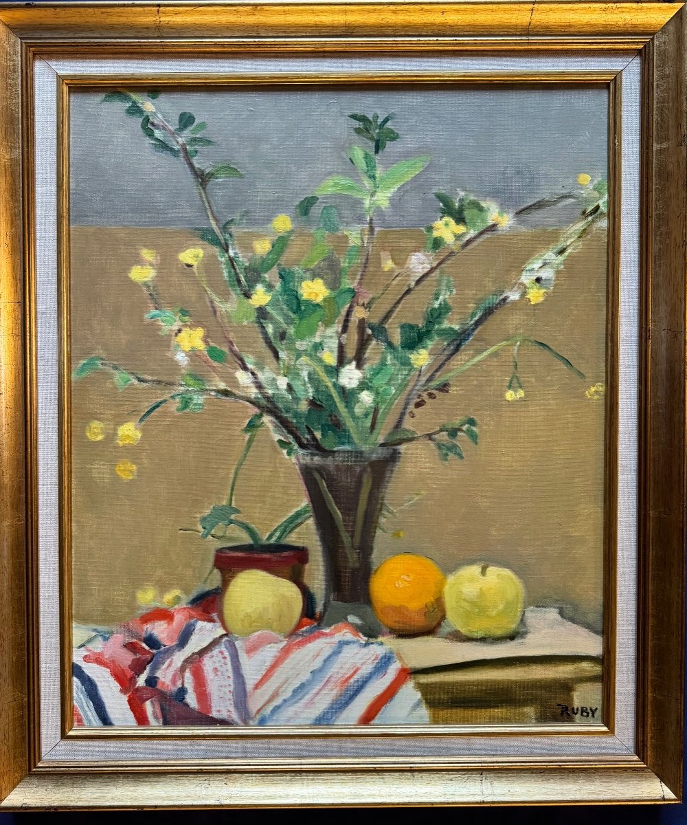 Tableau De René Ruby (1908-1983) Bouquet De Fleurs Aux Fruits