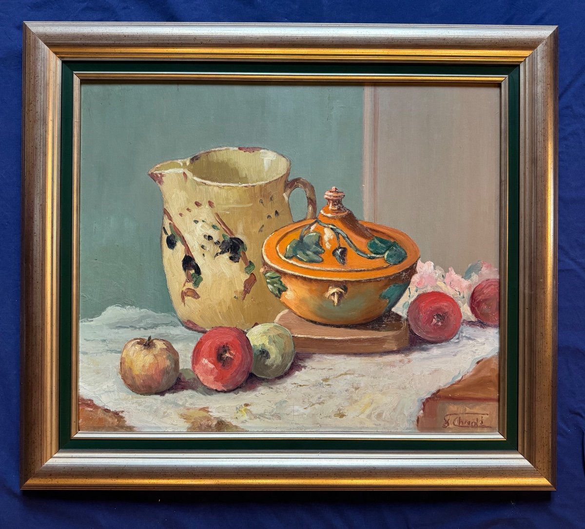 Tableau De Florent Chade (1896-1985) Nature Morte Aux Poterie Et Pommes-photo-3