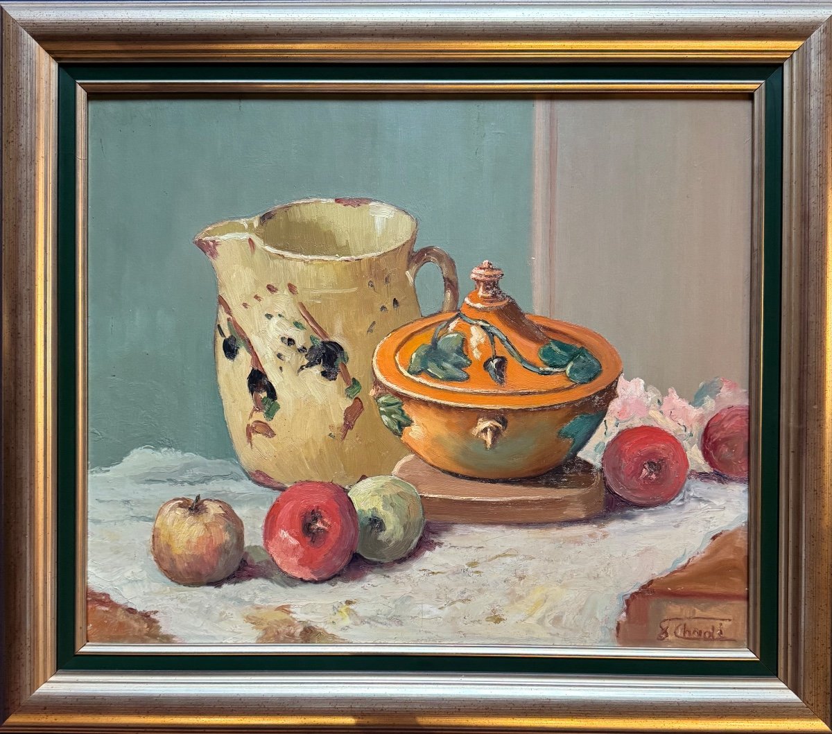 Tableau De Florent Chade (1896-1985) Nature Morte Aux Poterie Et Pommes