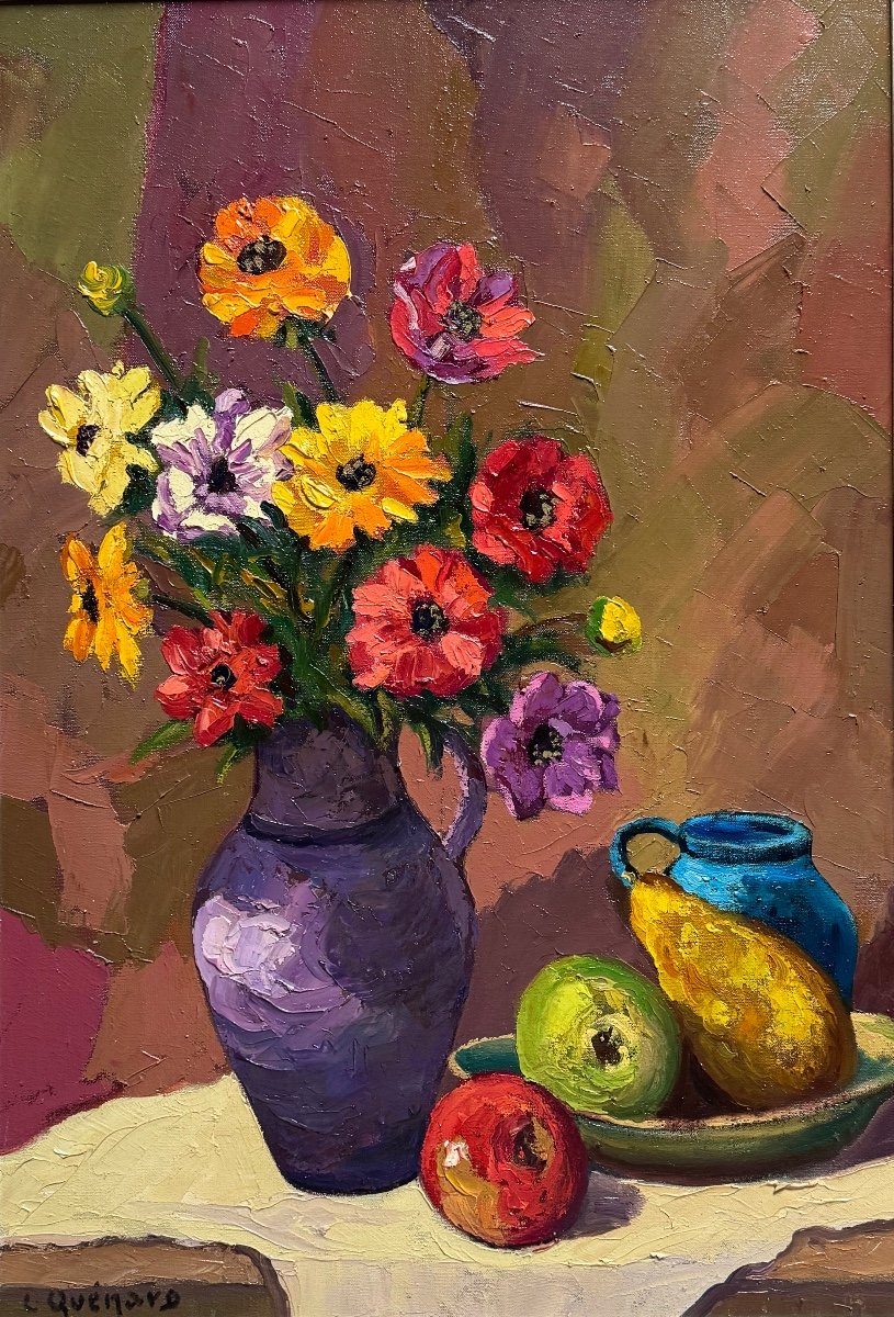 Tableau De Lucien Quenard (1902-1995) Bouquet De Fleurs Aux Fruits-photo-2