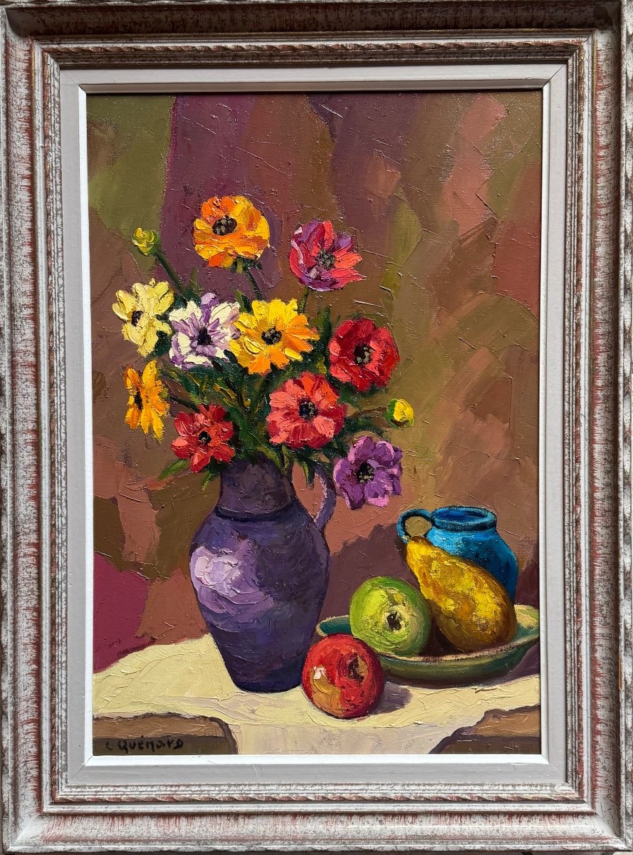 Tableau De Lucien Quenard (1902-1995) Bouquet De Fleurs Aux Fruits