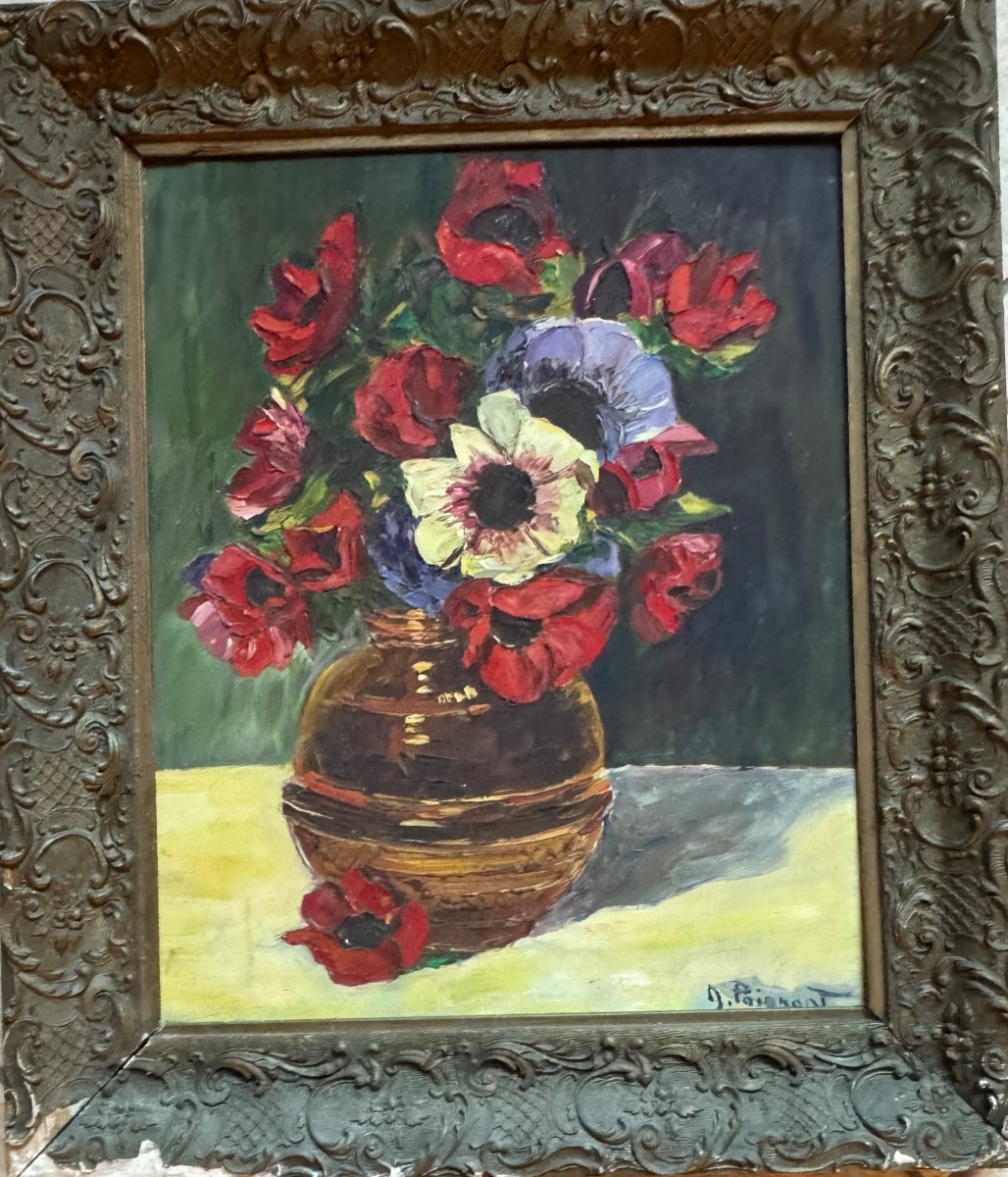 Painting By Nancie Poignant (1911-2000) Bouquet Of Anemones-photo-2