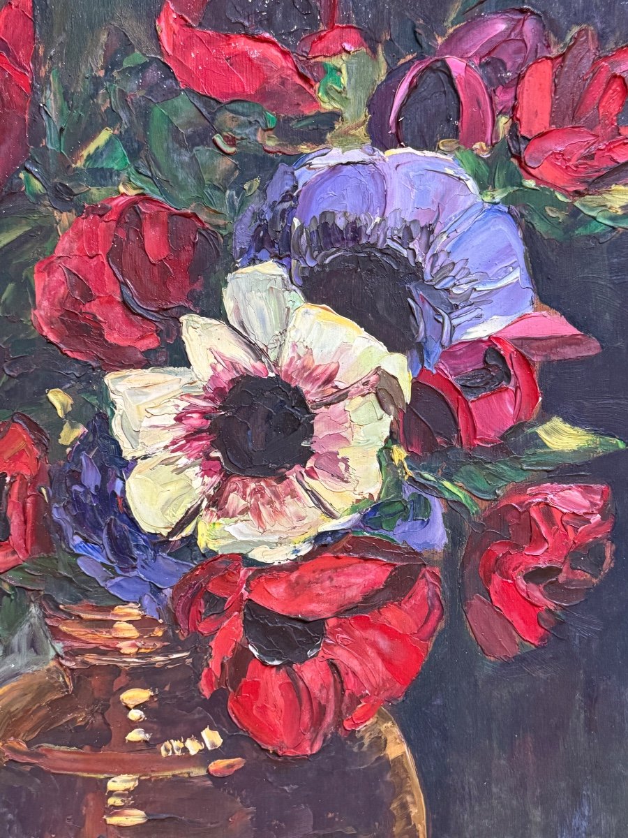 Painting By Nancie Poignant (1911-2000) Bouquet Of Anemones-photo-1