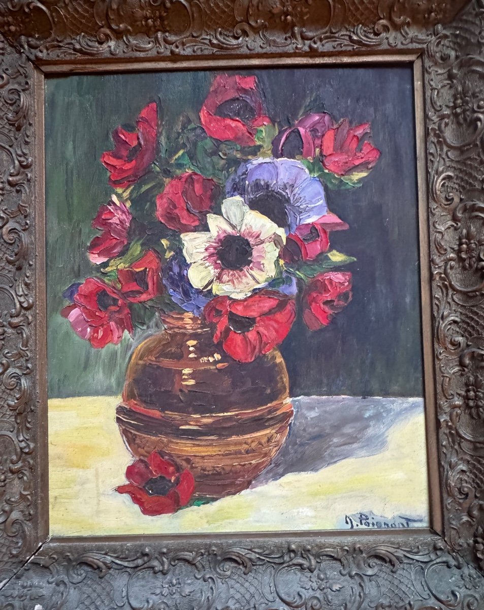 Painting By Nancie Poignant (1911-2000) Bouquet Of Anemones-photo-2