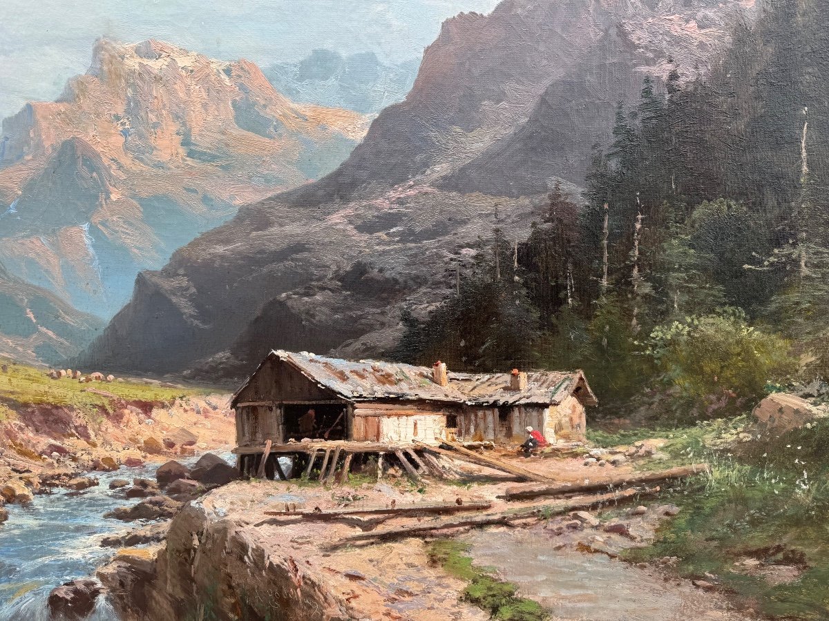 Grand Tableau D'Alfred Godchaux (1839-1907) Paysage De Montagne Dans Les Pyrénées -photo-3