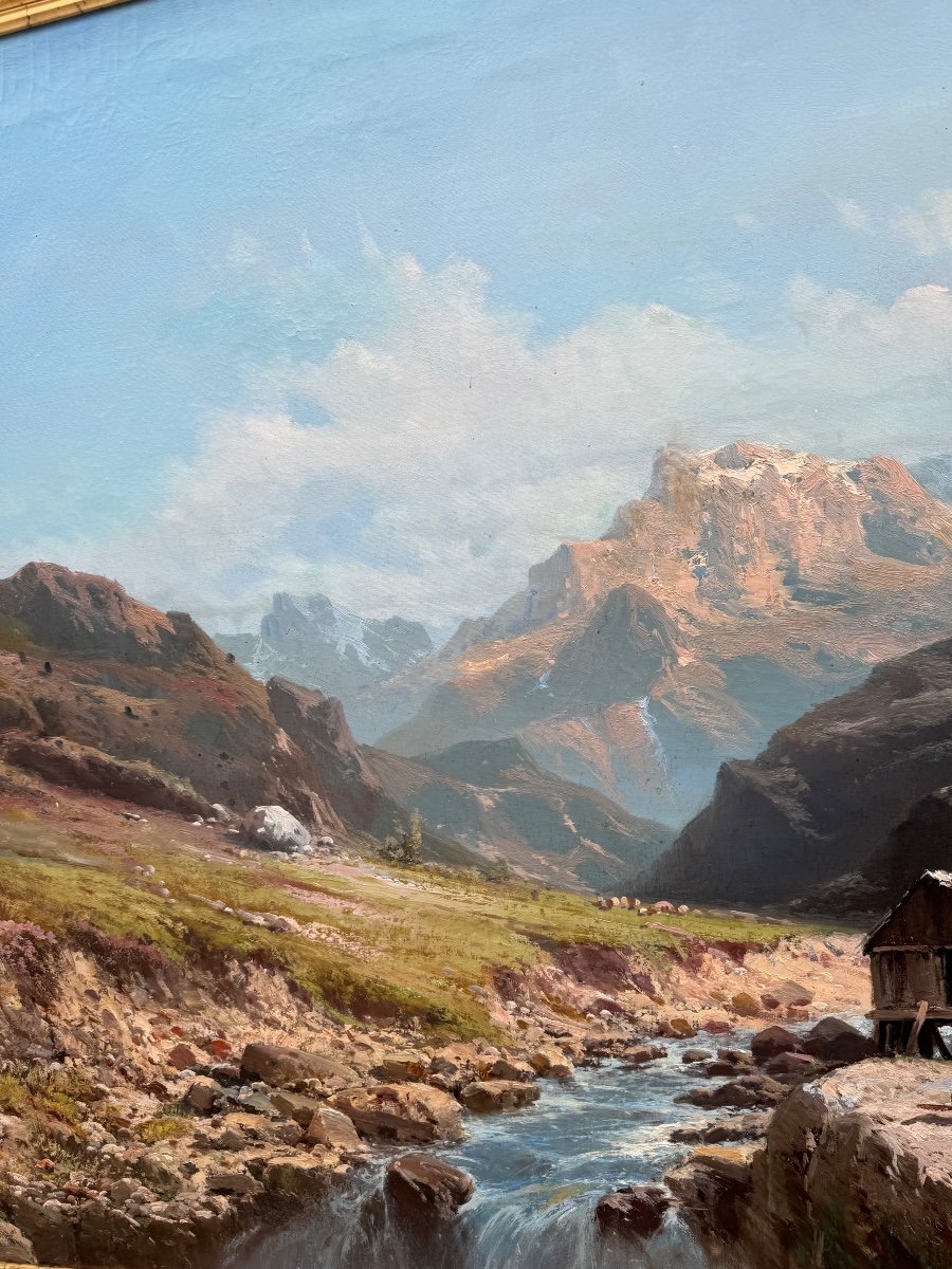 Grand Tableau D'Alfred Godchaux (1839-1907) Paysage De Montagne Dans Les Pyrénées -photo-1