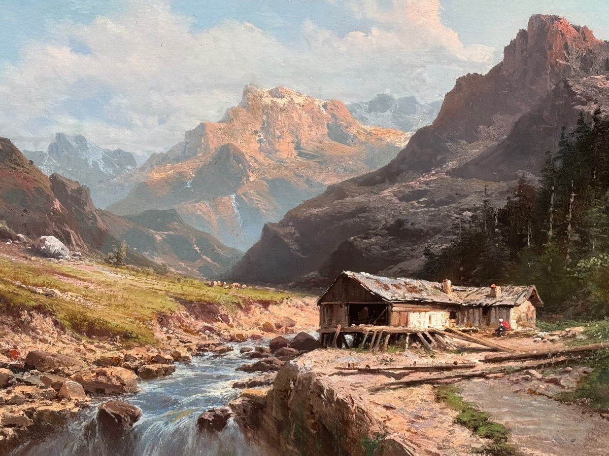 Grand Tableau D'Alfred Godchaux (1839-1907) Paysage De Montagne Dans Les Pyrénées -photo-3