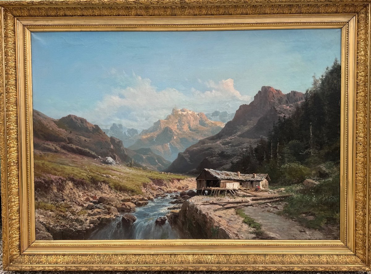 Large Painting By Alfred Godchaux (1835-1895) Mountain Landscape In The Pyrenees 