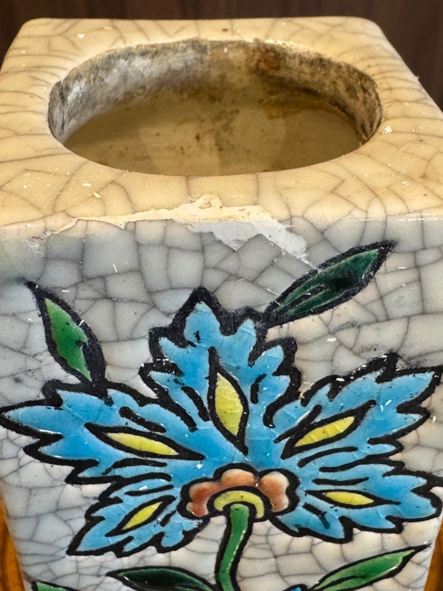 Square Vase In Gien Earthenware With A Base Inspired By The Far East -photo-2