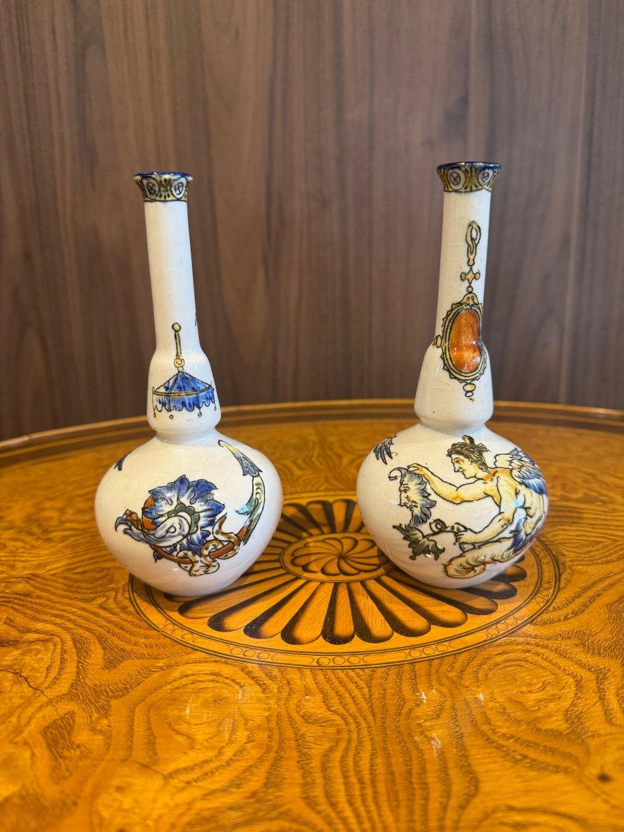 Pair Of Gien Earthenware Bottle Vases, Circa 1900-photo-2