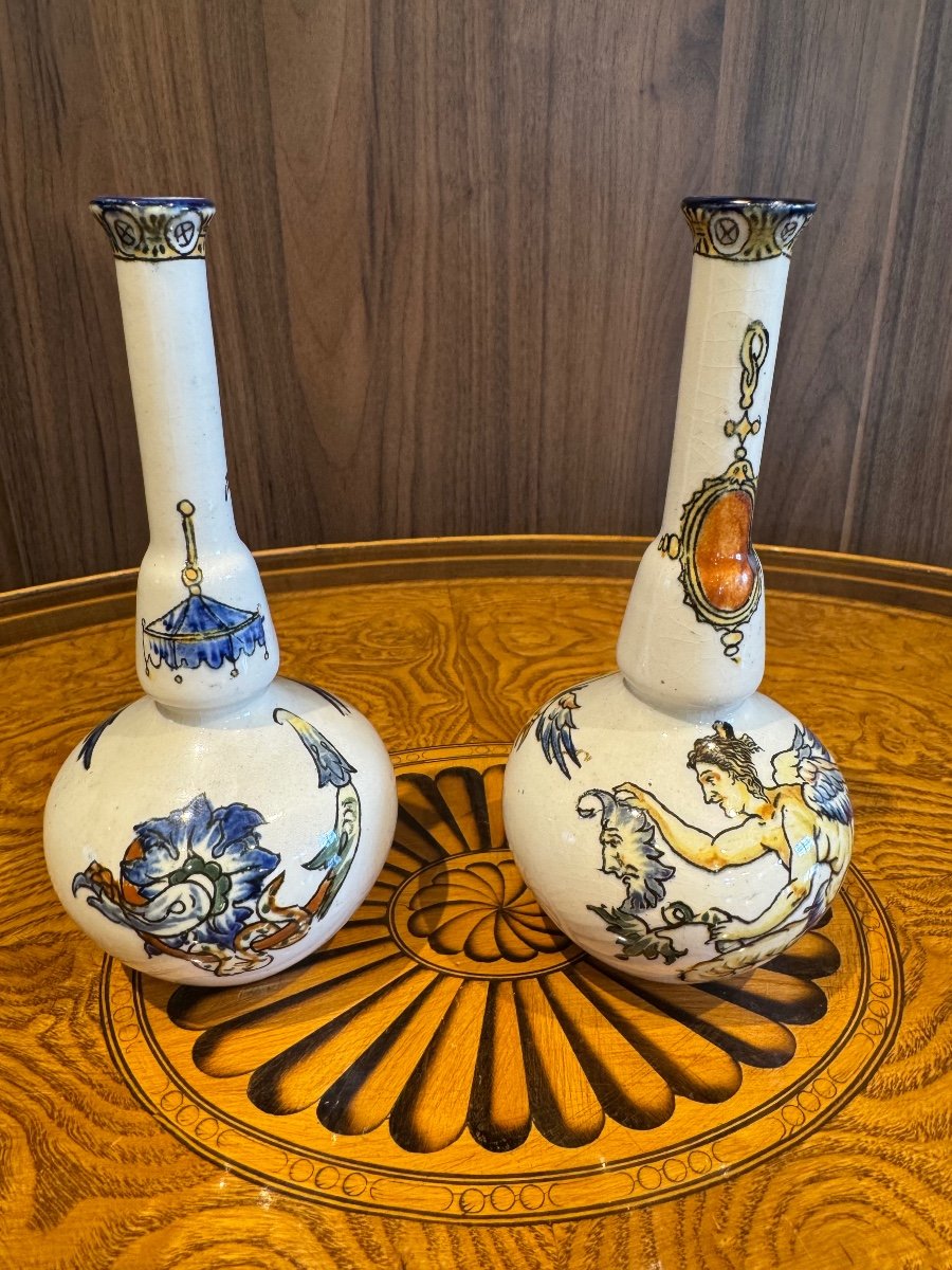 Pair Of Gien Earthenware Bottle Vases, Circa 1900-photo-1