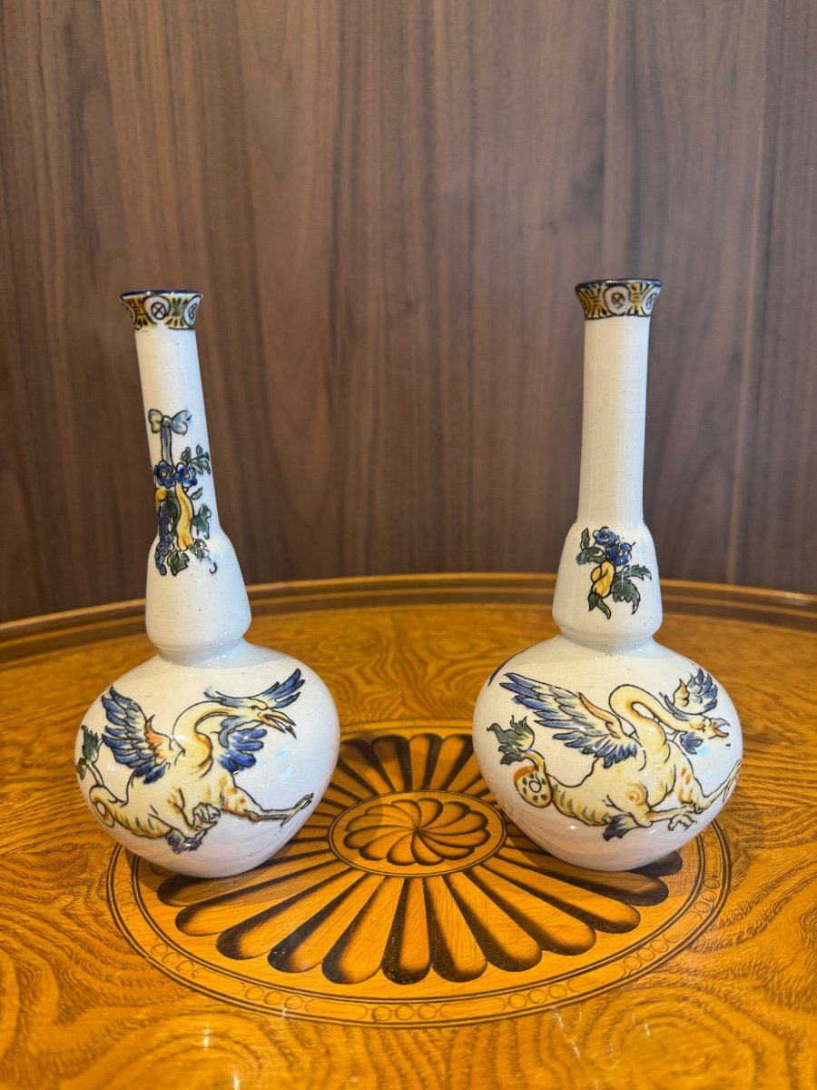 Pair Of Gien Earthenware Bottle Vases, Circa 1900