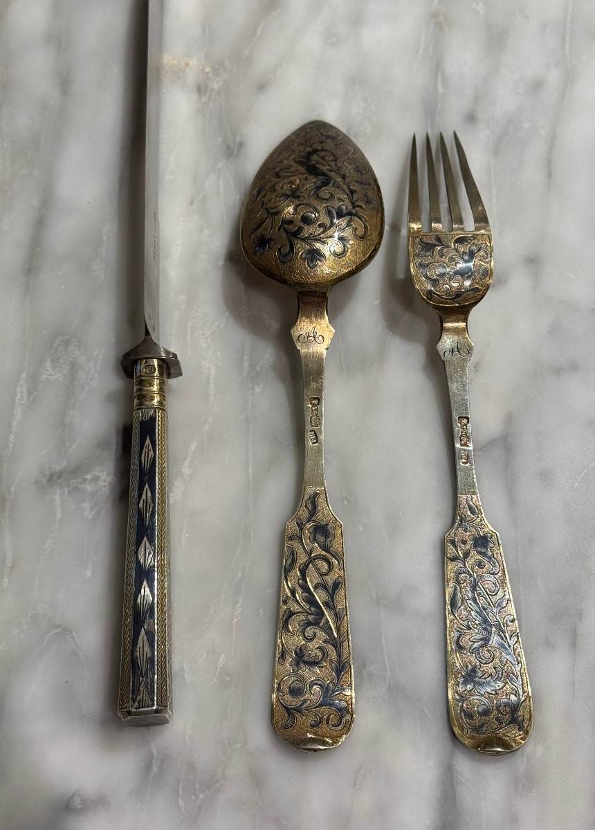 Niello Silver-gilt Travel Cutlery Russia 1845-photo-4